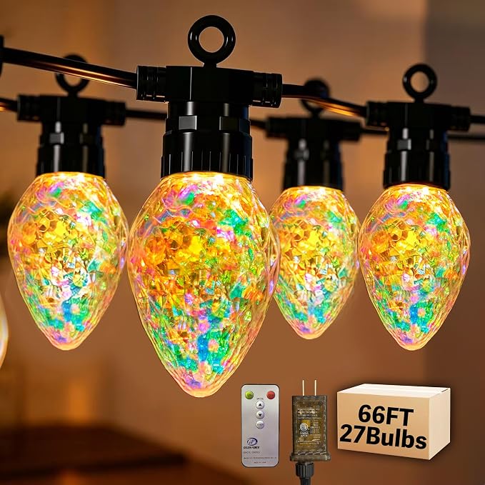 Outdoor String Lights, 66FT 27 LED Iridescent Holographic Bulbs, Waterproof Patio Lights with Remote Control, Shatterproof Connectable Lights for Backyard, Porch, Garden, and Party