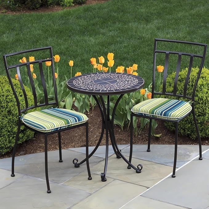 DYTXIII Set of 2 Outdoor Chair Cushions with Ties,Water Repellent Patio Chair Pads 17"x 16" for Outdoor Furniture,Round Corner Seat Cushions for Garden Yard Kitchen Stripe Blue Green
