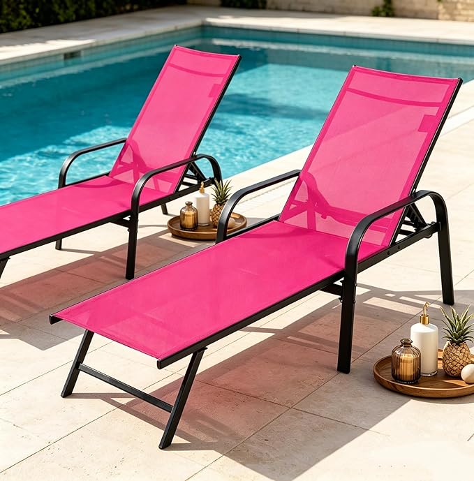 DUMOS Outdoor Lounge Chaise Set of 2 for Poolside Patio, 5-Position Chaise with Armrest, Sun Tanning Chair 350 lbs Heavy Duty Patio Pool Chair, Waterproof Lounge for Deck,Backyard, Beach,Pink
