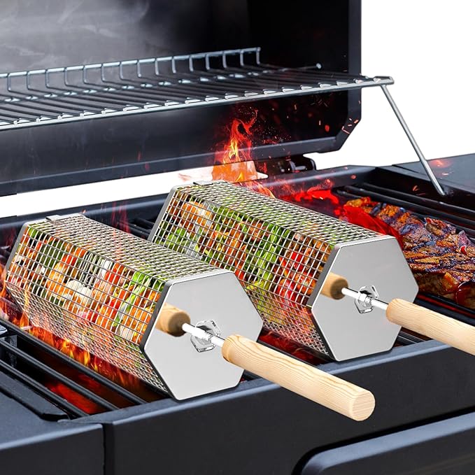 ivtivfu Rolling Grill Basket, Removable Wooden Handle, 304 Stainless Steel, Nesting Grilling Tools, Smoker BBQ Accessories for Vegetable, Outdoor Cooking Camping, Birthday Gifts for Men Dad Husband