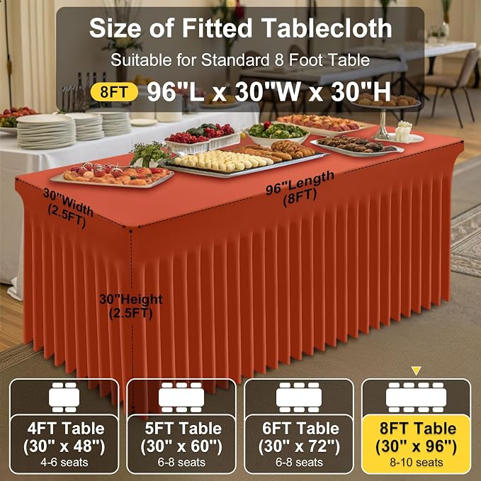 Smiry Spandex Elastic Fitted Table Cloth Skirt for 8FT Rectangle Table | Stretch Washable Table Cloth, Banquet Table Cover for Wedding, Party, Indoor & Trade Shows, (Rust, 96Lx30Wx30H)