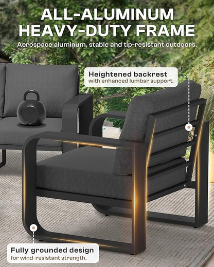 Aluminum Outdoor Patio Couch, 3 Seats Oversized Patio Sofa with Widened Armrest & Ultra-Thick Cushions, Deep Seating Modern Patio Furniture for Backyard, Deck, Graphite