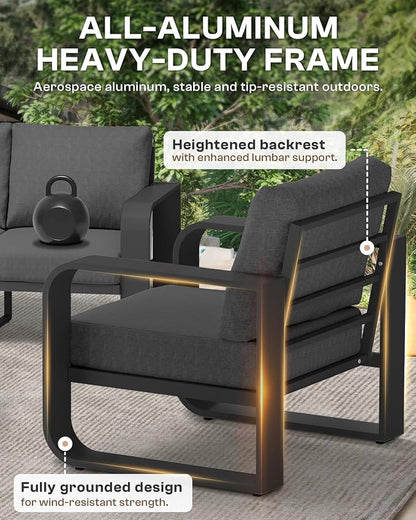 Aluminum Outdoor Sofa Bistro Set, Oversized Patio Conversation Sets Widened Armrest & Ultra-Thick Cushions, Deep Seating Patio Furniture Set for Backyard, Deck, Graphite