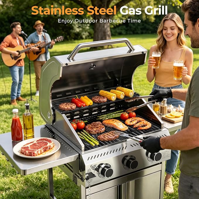 Kismile 3 Burner Propane Gas Grill, 24,000 BTU Stainless Steel BBQ Grill | Foldable Side Tables & Porcelain-Enameled Grates, Barbecue Grill with Wheels for Outdoor Cooking, Camping, Patio