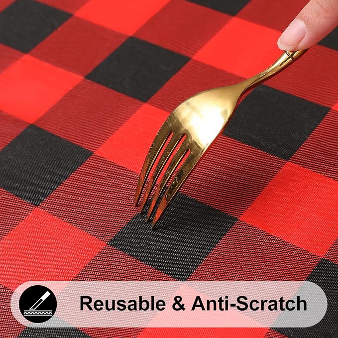 Smiry Rectangle Picnic Table Cloth, Elastic Waterproof Fitted Vinyl Tablecloths, Flannel Backed Buffalo Plaid Table Covers for Dining, Camping, Outdoor (Black and Red, 30" x 96")