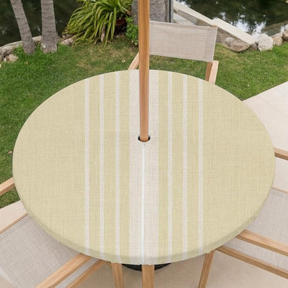 Outdoor Fitted Tablecloth with Umbrella Hole and Zipper, Vintage Yellow Beige Striped Elastic Round Patio Table Cover, Farmhouse Retro Lines Modern Table Protector for Backyard BBQ Party 36''-44''