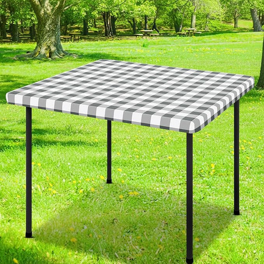 Smiry Square Picnic Table Cloth, Elastic Waterproof Fitted Vinyl Tablecloths, Flannel Backed Buffalo Plaid Table Covers for Dining, Camping, Outdoor (White and Grey, 36" x 36")