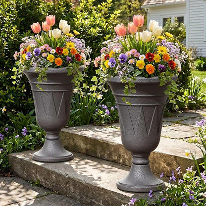 24"Tall Urn Planters for Outdoor Plants, Urns and Pedestal Set of 2 | Resin HDPE Weather-Resistant Material, Vintage Trophy Design Outdoor Planters with Drainage Holes, Flower Pot/Vase/Porch Door