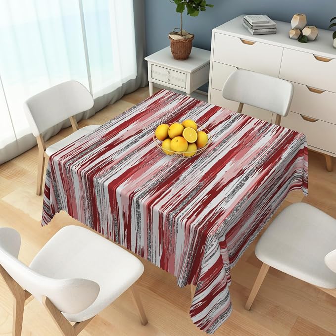 Abstract Striped Square Tablecloth 60x60 Inch Red and White Old Texture Grunge Stripes Vintage Mosaic Dust-Proof Table Cover Protector for Kitchen Restaurant Picnic Camping BBQ Burgundy