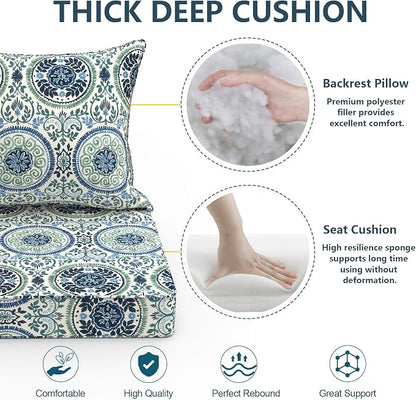 DYTXIII Outdoor Deep Seat Cushion Set, Water Repellent 22"x22" Patio Thick Cushions Replacement with Seat & Back Pillow for Patio Sofa, Wicker Chair, Couch - Wreath Blue