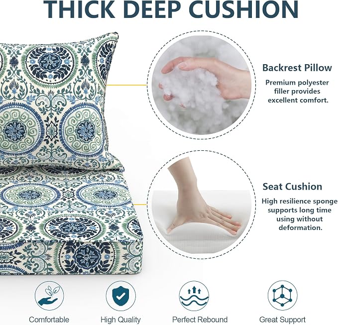 DYTXIII Outdoor Deep Seat Cushion Set, Water Repellent 24"x24" Patio Thick Cushions Replacement with Seat & Back Pillow for Patio Sofa, Wicker Chair, Couch - Wreath Blue