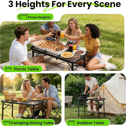 WildFinder Folding Grill Table, 3 Adjustable Height Max 27.5" Camping Table with Mesh Bag, 3x1.3 FT Outside Table for Picnic, Camping, BBQ, Beach, Patio(Black)