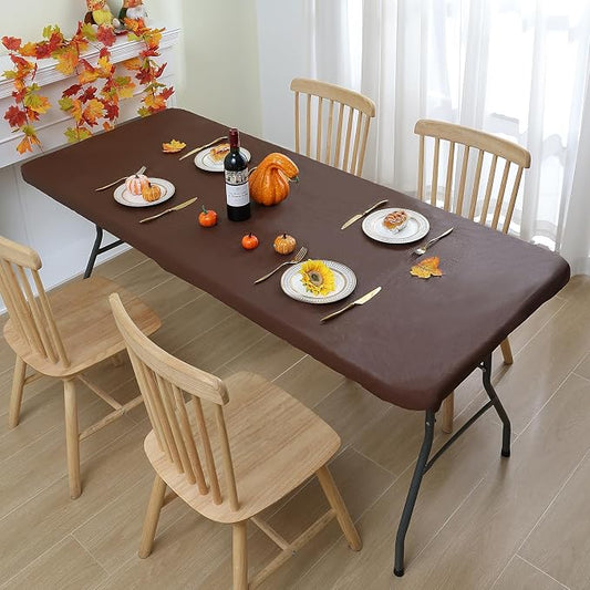 Smiry Rectangle Tablecloth, Elastic Fitted Flannel Backed Vinyl Tablecloths for 4ft Folding Tables, Waterproof Wipeable Table Covers for Outdoor, Indoor, Picnic and Camping (Coffee, 30"x48")