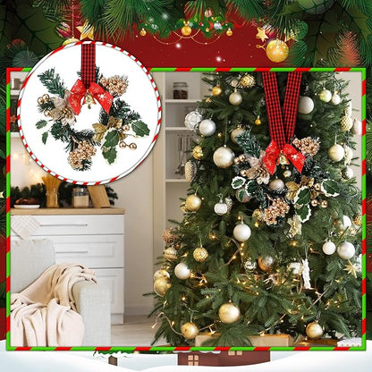 Zeyune 6 Pcs Small Christmas Wreaths for Kitchen Cabinets with Plaid Bow Ribbon Hanging Mini Christmas Cabinet Door Wreaths Decor for Kitchen Window Outdoor Indoor Holiday Decor, 14.96 x 7.87''