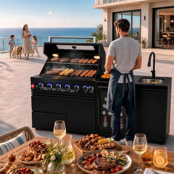 81.9" 6-Burner Modular Outdoor Kitchen Island, 85,000 BTU Propane Gas Grill | 6 Burners, Rear Infrared, Marble Countertop, Fridge, 360° Pull-Out Faucet, 304 Sink, Dual-Layer Warming Rack, Storage Cabinet
