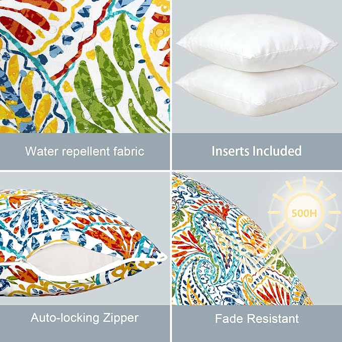 LVTXIII Outdoor Throw Pillows 20x20 Patio Waterproof Square Pillows with Piping Fade Resistant Accent Pillow for Spring Summer Garden Decoration, Set of 2, Paisley Multi