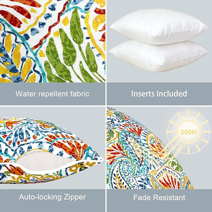LVTXIII Outdoor/Indoor Throw Pillows, Decorative Patio Accent Pillows, Fluffy Water Repellent Garden Cushions for Home Patio Coach Sofa Use, 18×18 Inch, Pack of 2, Paisley Multi