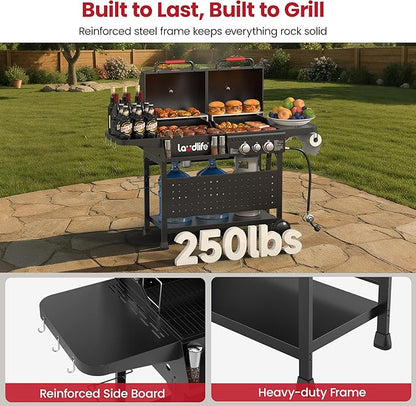 LAUDLIFE Gas and Charcoal Grill Combo with Side Burner, 3 Burners Propane BBQ Grill, 748 SQ.IN Cooking Space, Non-Stick Enamel Coating Grates, Heavy-Duty Stand for Backyard & Outdoor Barbecue