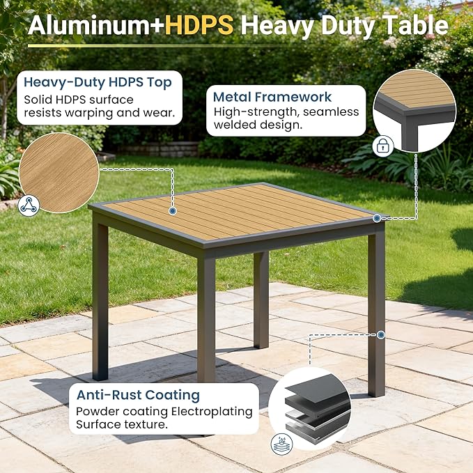 Aluminum Outdoor Table for All-Weather, 35.4" Patio Tables with Heavy Duty HDPS Square Tabletop, Outside Table with Quick-Drying Slatted Design for Porch, Patio, Garden, Deck, Poolside, Backyard