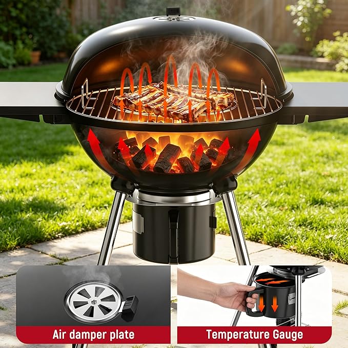 Kettle Charcoal Grill with Porcelain-Enameled Lid & Ash Cup, Adjustable Vents, Foldable Side Table for Outdoor Barbecue, Patio and Picnics, Black