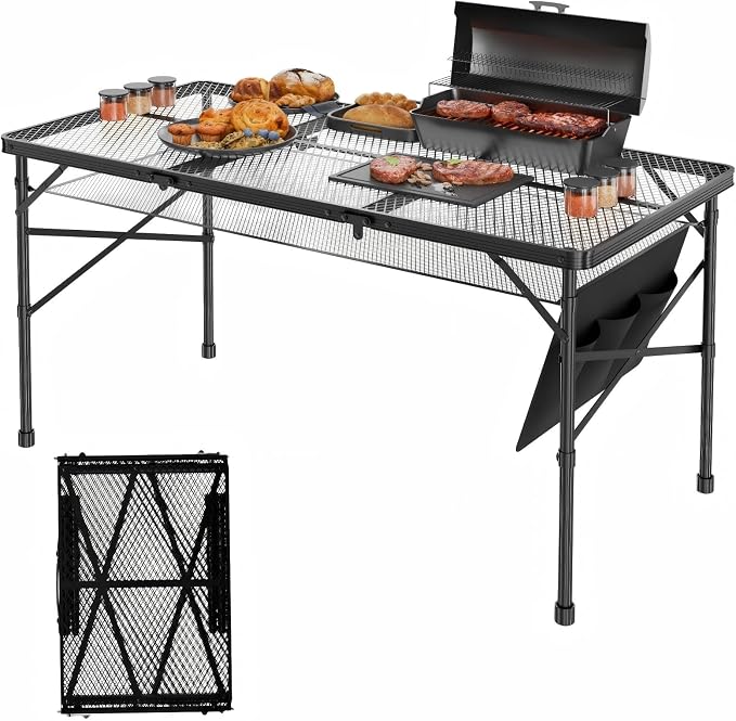 Folding Grill Table, 4x2 FT Portable Camping Table, Foldable | 3 Adjustable Height Max 27.5" Grill Tables for Outside with Mesh Bag, Outdoor table for Camping, Picnic, BBQ, Beach, Patio