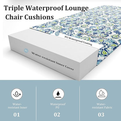 Chaise Lounge Cushions Outdoor Set of 2 Lounge Chair Cushion 80" L x 26" W with Headrest Straps 3'' Thick Waterproof Patio Chaise Cushions Pool Lounger Chair Cushion(Ocean)