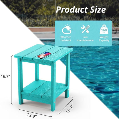 LUE BONA Adirondack Outdoor Side Table, 2-Tier Aruba Blue HDPS Patio End Table Weather Resistant, Outdoor Morden Side Table for Patio, Pool, Porch | 2-Tier Shelf for Extra Storage, Small End Table for Pool, Porch, Balcony, Weather Resistant HDPS, Easy ...