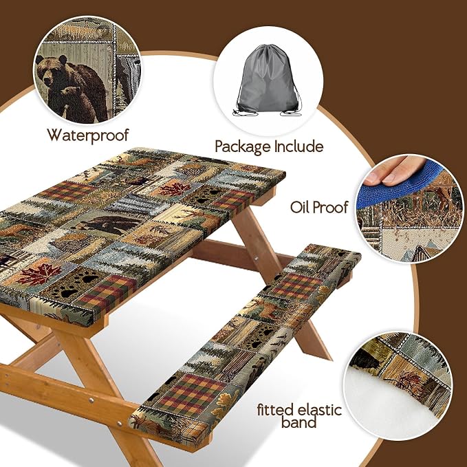 Picnic Table Cover with Bench Covers 6FT 3PCS, Camping Essentials, Fitted Camping Tablecloth Waterproof with Elastic Edge for Indoor Outdoor Patio, 96in, Brown