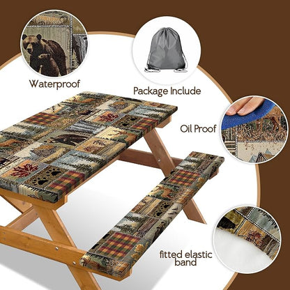Picnic Table Cover with Bench Covers 6FT 3PCS, Camping Essentials, Fitted Camping Tablecloth Waterproof with Elastic Edge for Indoor Outdoor Patio, 96in, Brown
