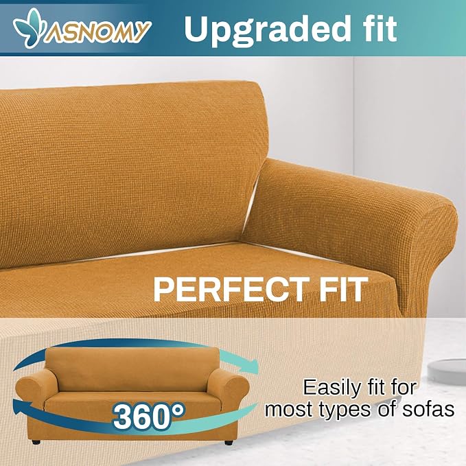 Asnomy Stretch Couch Covers for Sofa Washable, 3 Cushion Couch,Golden | 1-Piece Sofa Covers(78"-94") 3-Seater Furniture Protector Soft Jacquard,Non-Slip Elastic Bottom For Dogs & Kids