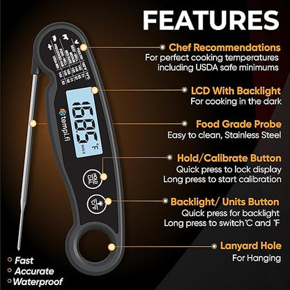 Meat Thermometer | Ultra-Fast & Waterproof | Bright Backlight & Food Grade Probe | Auto Shut-Off | Includes Meat Temperature Chart | Perfect for Kitchen & Grilling