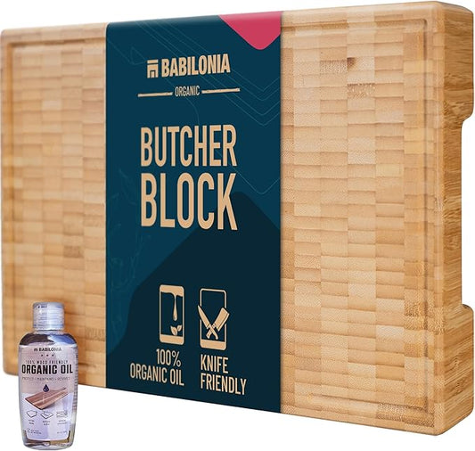XXL Bamboo Cutting Board, 24 x 15 Inch (ExtraThick 1.7") Hardwood Professional Butcher Block, Charcuterie Board. End Grain Non Toxic Wood Chopping Board (Oil & Plate Included)
