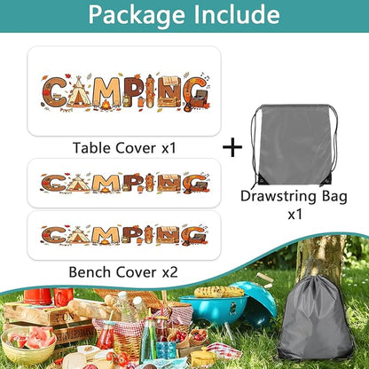 Camping Fitted Picnic Table Cover with Bench Covers 3PCS, 30x60 Inch Waterproof Elastic Outdoor Patio Tablecloth & Storage Bag, Fall Autumn Camping Essentials Decor for Camp, Backyard, RV, Party