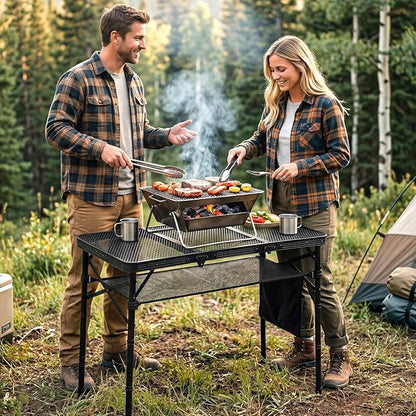 Folding Grill Table, 34"x16" Portable Camping Table with Storage Pocket, Heat Resistant & Waterproof Outdoor Picnic Table, Sturdy Lightweight for Travel Cooking BBQ, Camping, Backyard