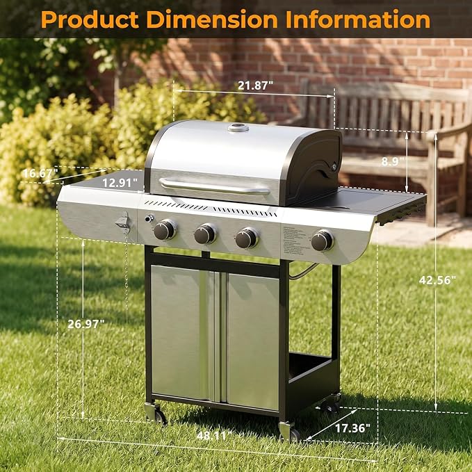 COWSAR 3-Burner Propane Gas Grill with Side Burner, 34,000 BTU Stainless Steel BBQ Grill, Porcelain-Enameled Cast Iron Grates, Outdoor Barbecue Grill for Patio & Garden