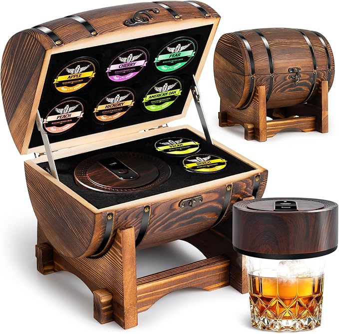 Electric Whiskey Smoker Kit with Charred Wooden Case(Patent Pending), Rechargeable Cocktail Smoker Kit with 8 Flavors Wood Chips, Old Fashioned Smoker, Bourbon Gifts for Men, Dad (No Butane Needed)