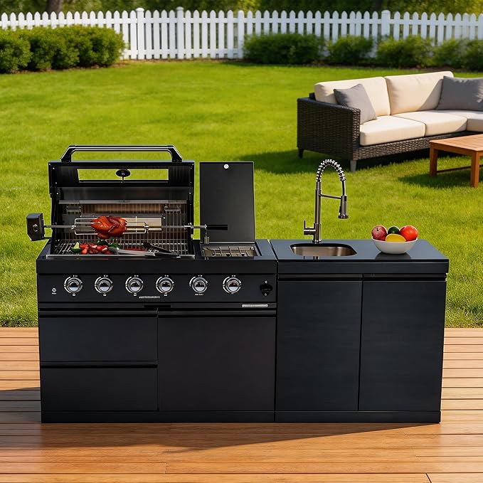 79-Inch 4-Burner 72000 BTU Propane Outdoor Kitchen Island Grill with Round Side Burner, Rotisserie Kit, Granite Countertops & Sink, for Patio, Lawn, Backyard, Black