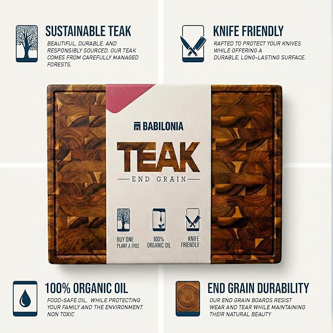 Teak Wood Cutting Board, 15.7 x 10.2 Inch (ExtraThick 1.7") Hardwood Butcher Block for Meat, Cheese, Charcuterie Board. End Grain Non Toxic Wood Chopping Board with Handle (Oil & Plate Included)