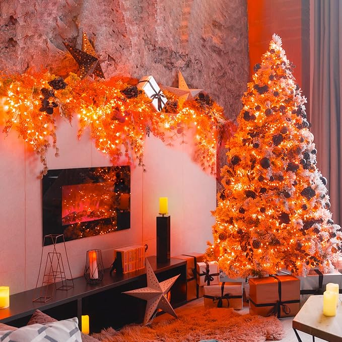 JMEXSUSS 200 LED Orange Halloween String Lights Outdoor Indoor Plug in | Connectable Orange Christmas Lights Clear Wire, Fall Light for Fireplace Tree Garden Patio Thanksgiving Fall Halloween Decor