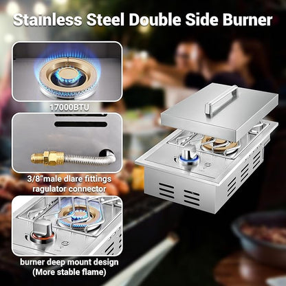 17,500BTU Liquid Propane Side Burner, Single Grilling Side Burners for Outdoor Kitchen, Convertible to Natural Gas, Duty Heavy 304 Stainless Steel, Drop-in Side Burner for Outdoor BBQ Grill Island
