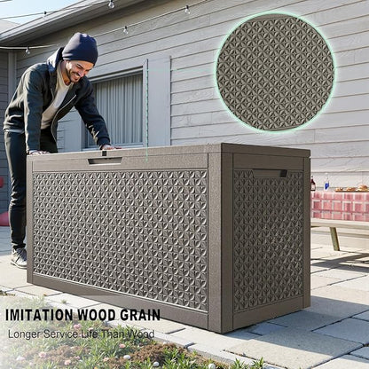 110 Gallon Large Outdoor Storage Box Waterproof, UV Resistant Resin Deck Box with Hydraulic Rod for Patio Furniture,Garden Tools,Cushions, Easy to Install（Grey）