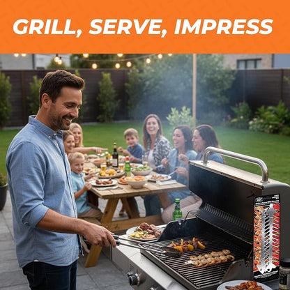 Proud Grill Slide & Serve BBQ Skewers, Grilling Accessories, 12", Set of 2 | Reusable Stainless-Steel Barbecue Skewers, Ideal for Shish Kabobs, Beef, Pork, Chicken, Shrimp & Vegetables, BBQ Tool Sets