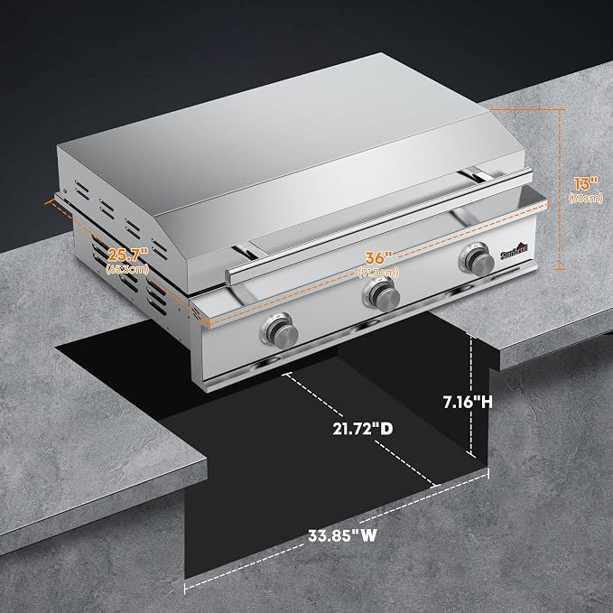 Stanbroil 36-Inch Built-In Gas Griddle for Outdoor Kitchen, Liquid Propane | 304 Stainless Steel Flat Top Grill, 3 Burners, 42,000 BTU, Removable Grease Tray, Hinged Lid, Independent Heat Control