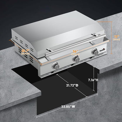 Stanbroil 36-Inch Built-In Gas Griddle for Outdoor Kitchen, Liquid Propane | 304 Stainless Steel Flat Top Grill, 3 Burners, 42,000 BTU, Removable Grease Tray, Hinged Lid, Independent Heat Control