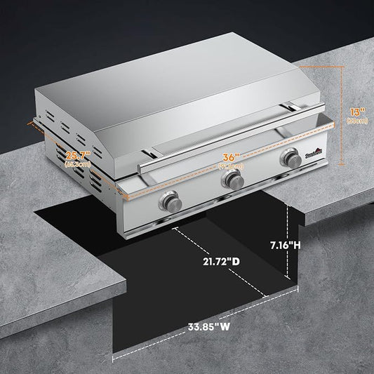 Stanbroil 36-Inch Built-In Gas Griddle for Outdoor Kitchen, Liquid Propane | 304 Stainless Steel Flat Top Grill, 3 Burners, 42,000 BTU, Removable Grease Tray, Hinged Lid, Independent Heat Control