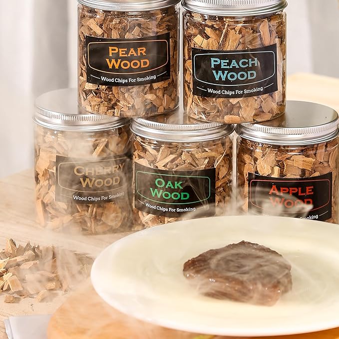 6Pack Natural Wood Chips for Smoker Grill and Smoking Gun, Oak, Pecan, Apple, Pear, Cherry and Peach About 80g Each, Smoker Woodchips for BBQ Smoking Beef Pork Chicken Fish and Whisk