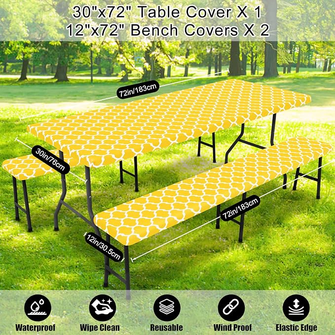 Smiry Picnic Table Cover with Bench Covers, Waterproof Elastic Fitted Tablecloth for 6 Foot Tables, Washable Polyester Tablecloths for Camping, Indoor & Outdoor (Yellow, 30x72 Inch 3-pc Set)