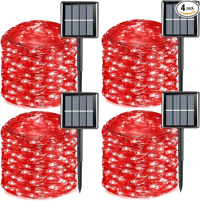 YEGUO 4 Pack Red Solar Fairy Lights, Each 33ft 100 LED Valentines Lights Outdoor Waterproof, 8 Modes Sliver Wire Solar Christmas String Lights