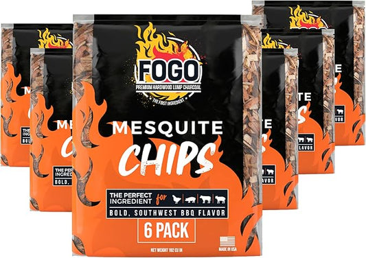 FOGO Mesquite Wood Chips for Grilling and Smoking, Bold Southwest BBQ Flavor for Charcoal and Gas Grills, Made in USA, 1.4 lb Bag, 6-Pack