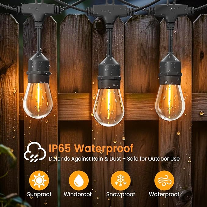 48ft Outdoor String Lights with Remote & Dimmer,24+2 Commercial Grade IP65 Waterproof Bulbs, 2700K Warm White,3 Lighting Modes & Timer,Includes 30 Cable Ties for Patio,Garden, Party